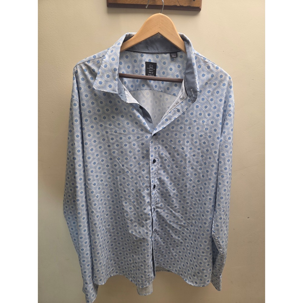 Michael Strahan Blue Geometric‎ Hexagon Button Down Shirt XXL Modern Fit Stretch